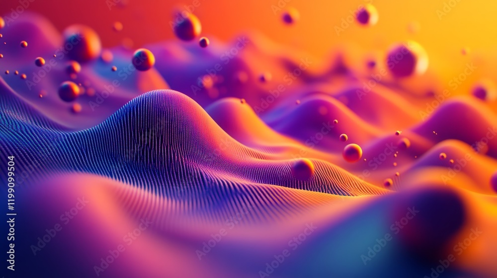 Aufkleber Abstract colorful 3D rendering of a wavy landscape with floating spheres.