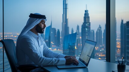 A financial analyst in Dubai working on stock market data in a modern office with a city view,