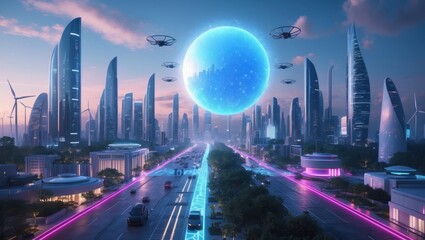 Fototapeta premium A futuristic cityscape featuring sleek skyscrapers, glowing roads, and hovering vehicles under a large blue orb in a vibrant sunset.