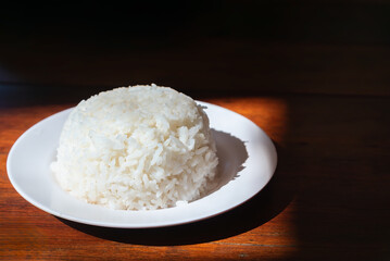 Steamed rice on white plate in sunlight with shadow contrast.