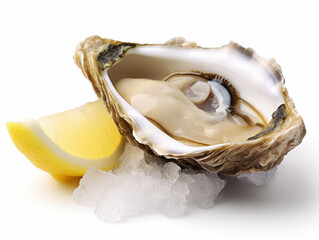 Naklejka premium Fresh oyster on ice with lemon slice ready to be served