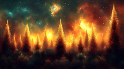 Golden Trees Illuminated By A Fiery Cosmic Sky