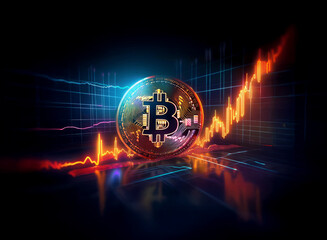 Glowing Bitcoin cryptocurrency coin with upward trending graph, representing growth and digital currency investment.  Dynamic energy and futuristic technology are depicted.