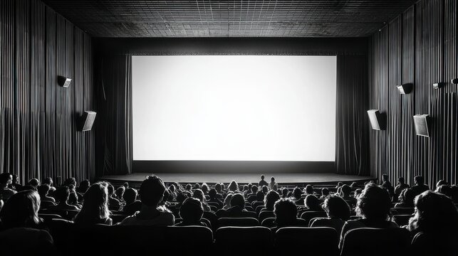 Empty movie screen in dark cinema with audience.