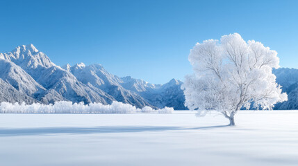 Snow-covered mountains and a solitary tree beneath a clear blue sky