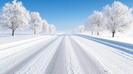Snow-covered road lined with frosted trees under a clear blue sky