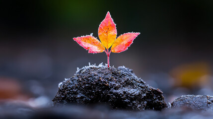 Colorful autumn leaf emerging from frost-covered ground during early morning