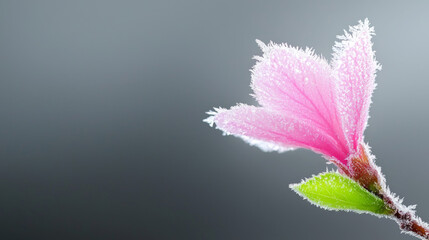 Pink flower covered in frost with delicate leaves in early morning light