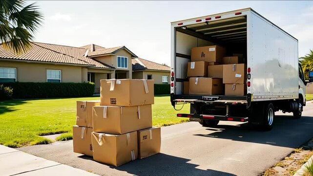 A moving truck is parked on the side of a building