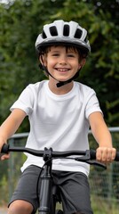 Naklejka premium A cheerful child bikes through a park, wearing a helmet and a bright T-shirt, radiating joy as they play a biking game in the warm sunlight. This active scene captures childhood happiness