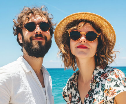 Smiling couple wearing sunglasses enjoying a sunny beach day with clear blue waters in the background