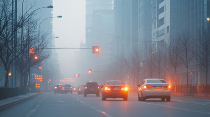Fototapeta premium foggy city street with cars driving under traffic lights, creating mysterious atmosphere