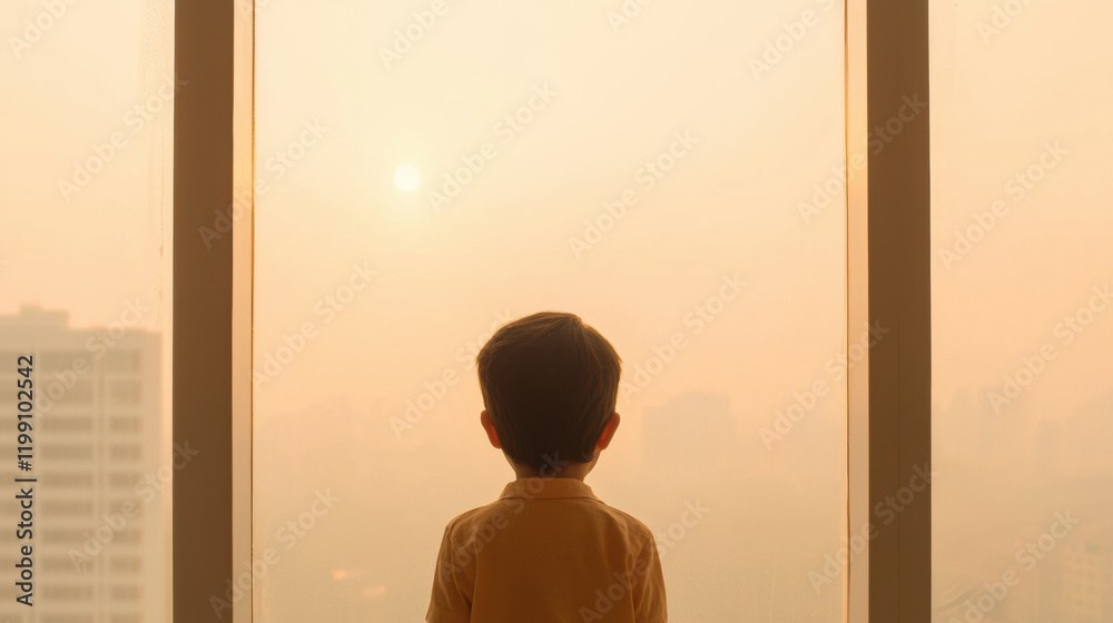 Poster child gazes out window at hazy sunset, reflecting on serene yet somber atmosphere