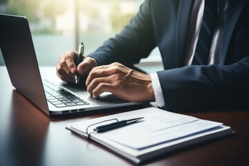 Businessman using laptop and taking notes in modern office