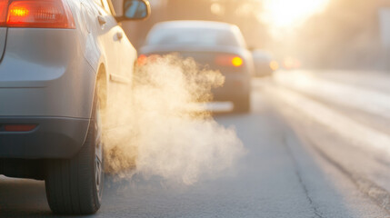 Exhaust fumes from vehicles on busy road during sunset, highlighting pollution