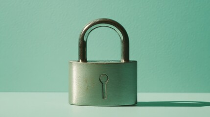 A heavy-duty padlock with engraved branding on a soft green background, durable and strong