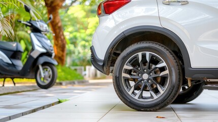 A sleek white SUV is parked next to a black moped in a modern garage with a clean white tile floor. Sunlight pours in through the window, highlighting the contemporary home atmosphere