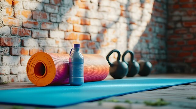 Fitness equipment arranged against a brick wall