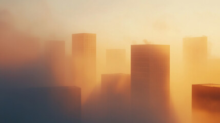 Misty city skyline at sunset with soft light and silhouettes of buildings