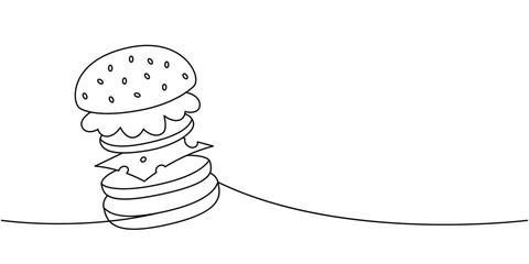 Burger with flying ingredients one line continuous drawing. Traditional American fast food. Vector illustration.