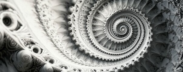 Intricate spiral design with detailed textures in monochrome close-up.