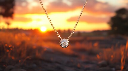Fototapeta premium A glowing diamond necklace on a gradient sunset background of orange and yellow hues.