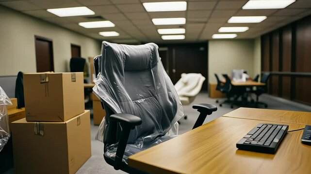 Professional office interior cluttered with moving boxes, wrapped chairs, and plastic-covered furniture during relocation of work station