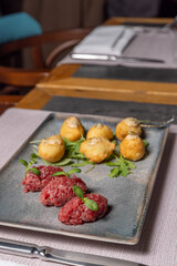 Close up of steak tartare served on a plate