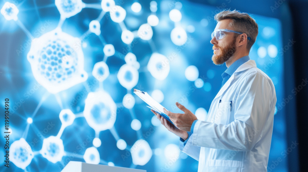 Poster Scientist in lab coat analyzing data with molecular graphics background, showcasing innovation and research