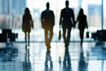 Four businesspeople walking in the lobby of a modern office building