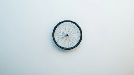 A minimalist composition of a bicycle wheel on a crisp white background