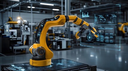 Fototapeta premium Robotic Arm Interacting With Digital Factory Interface