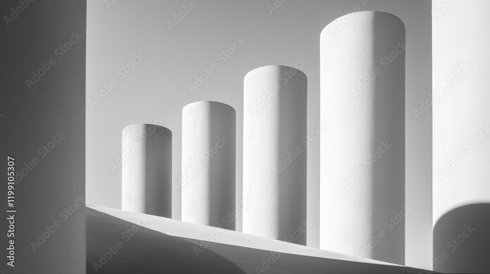 Aufkleber Minimalist architecture features white cylindrical structures against soft gray background, creating serene and modern atmosphere