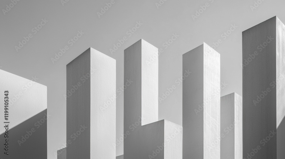 Poster minimalist white structures create striking contrast against gray sky, evoking sense of modernity an