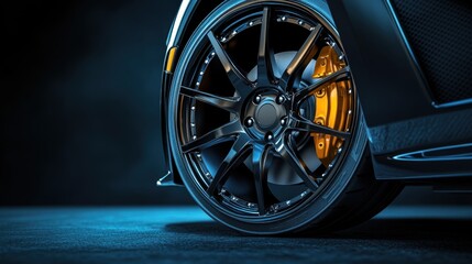 A modern alloy car wheel on a matte black background, reflecting luxury and style
