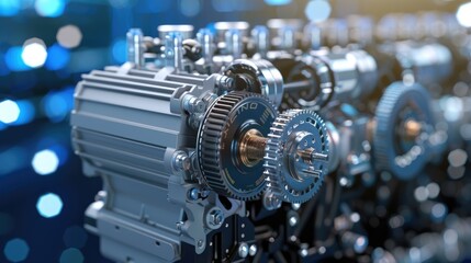 Fototapeta premium Detailed view of various car engine components, including gears and transmission parts, set against a blue-gray backdrop. The layout leaves room on the right for additional text or information