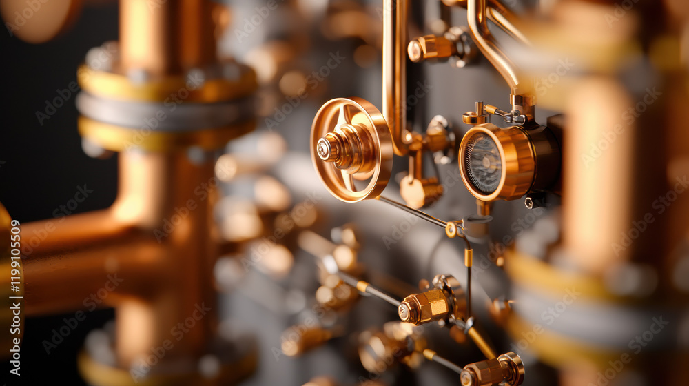 Poster highly detailed close up of copper pipes and valves in mechanical system, showcasing intricate desig