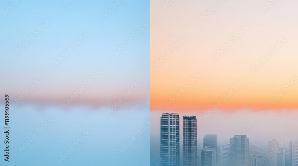 Aufkleber serene skyline at dawn, featuring soft pastel colors and fog enveloping buildings. tranquil atmosphe