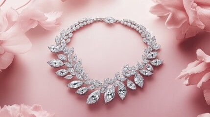 Fototapeta premium A luxurious diamond necklace floating on a pale blush pink background.