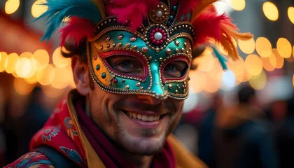 Gordijnen Happy smiling man wearing a colorful carnival mask at a street party festival © Kromstar Studios