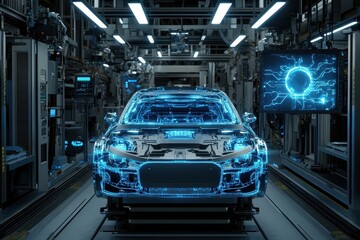 Obraz premium Futuristic Electric Vehicle in a High-Tech Manufacturing Facility with Transparent Components and Digital Interfaces for Innovative Automotive Production