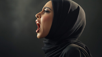 A Muslim woman in a neatly styled hijab passionately shouting with a confident expression, her face illuminated by soft light, conveying strength and determination against a neutral background