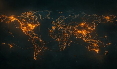 glowing world map illustration showcasing interconnected regions with vibrant orange lines, symbolizing global connectivity and transformation