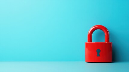 Fototapeta premium A padlock with a vibrant red body on a soft blue background, standing out boldly