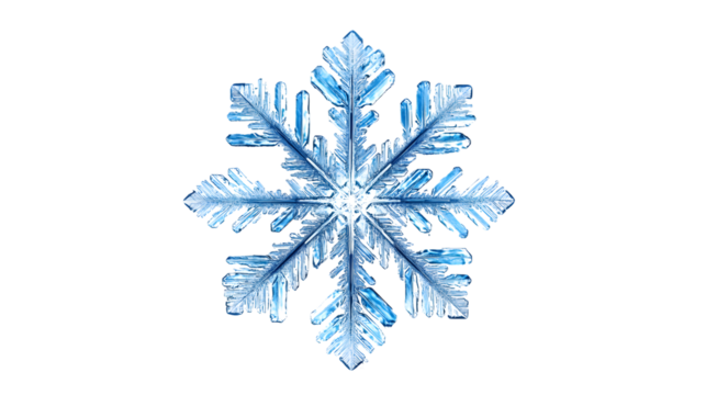 A realistic snowflake with intricate details displayed centrally on a transparent background, symbolizing uniqueness and delicacy 