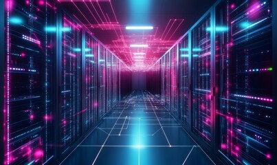 Futuristic technology abstract background with lines for network, big data, data center, server, internet, speed. Abstract neon lights into digital technology tunnel