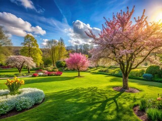 Obraz premium Serene spring landscape: lush grass, vibrant blooms, tranquil trees.