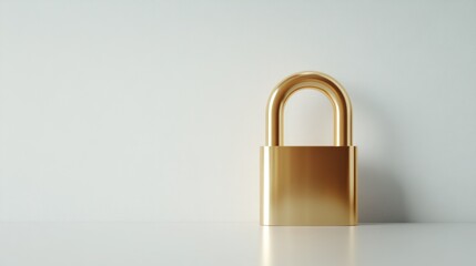 A polished gold padlock reflecting light on a clean white background, elegant and simple