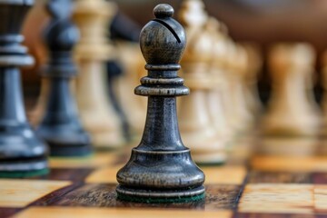 Close up of a black pawn on a chessboard, other pieces blurred, emphasizing strategy and focus in gameplay