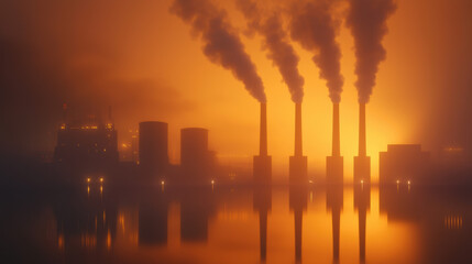 Industrial landscape with smokestacks and reflection in water at sunset